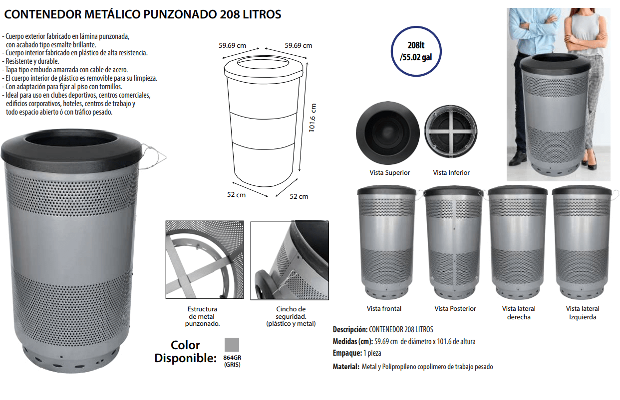 botes de basura para exteriores punzonados 208 litros